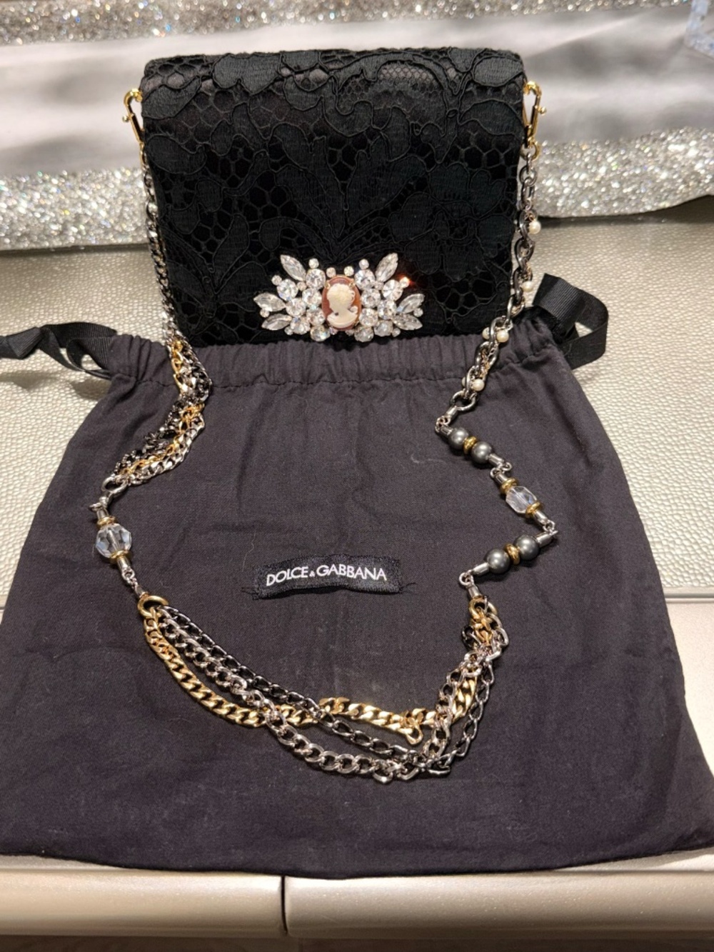 Dolce & Gabbana Black Lace Cameo Rhinestone Chain Shoulder Bag